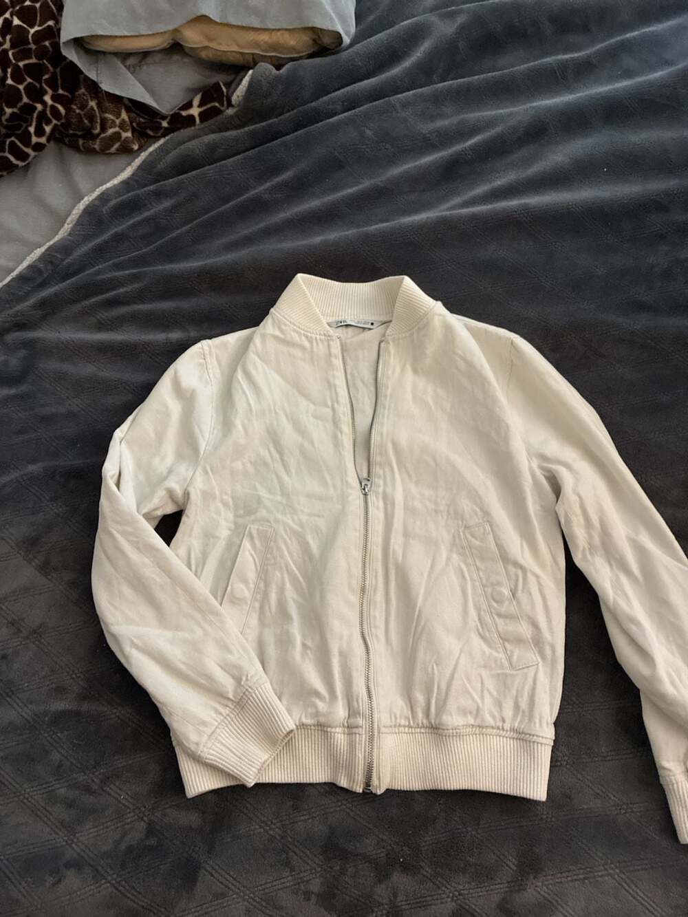 Zara Basic Collection Full-Zip Ribbed Trim Bomber Jacket in Off-White